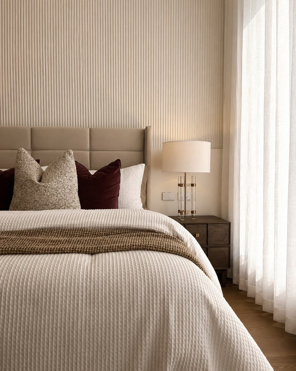 Bedroom with a quilted headboard, textured cream bedding, burgundy and linen cushions and a brass bedside lamp