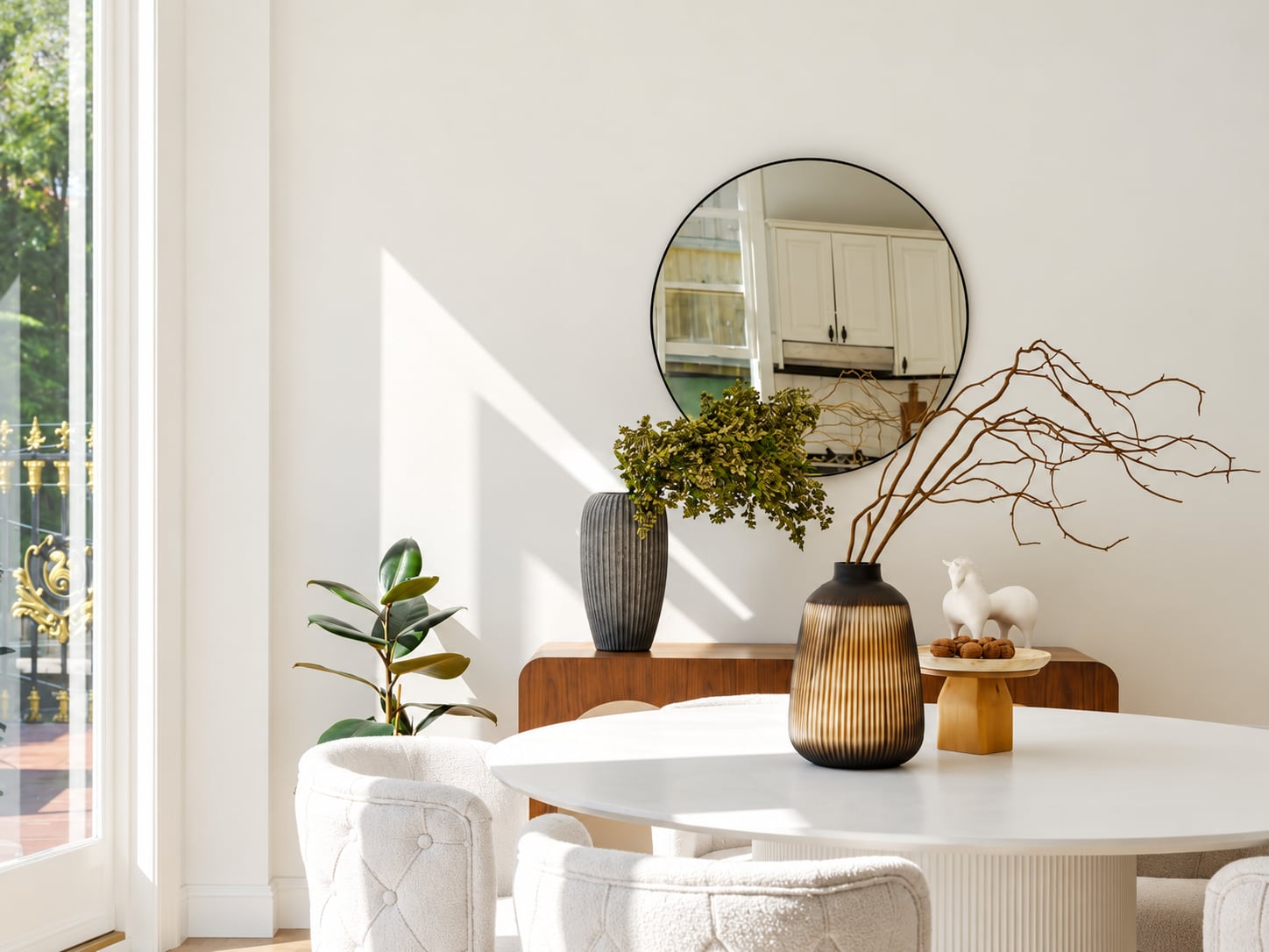 Round white dining table with cream bouclé chairs, sculptural vases and branches before a round mirror