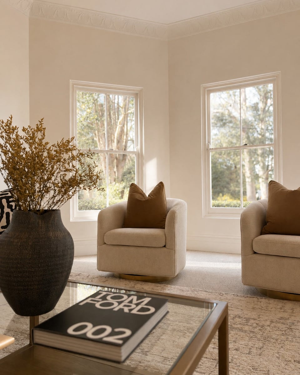 Sitting room corner with cream swivel armchairs, a glass coffee table and tall windows