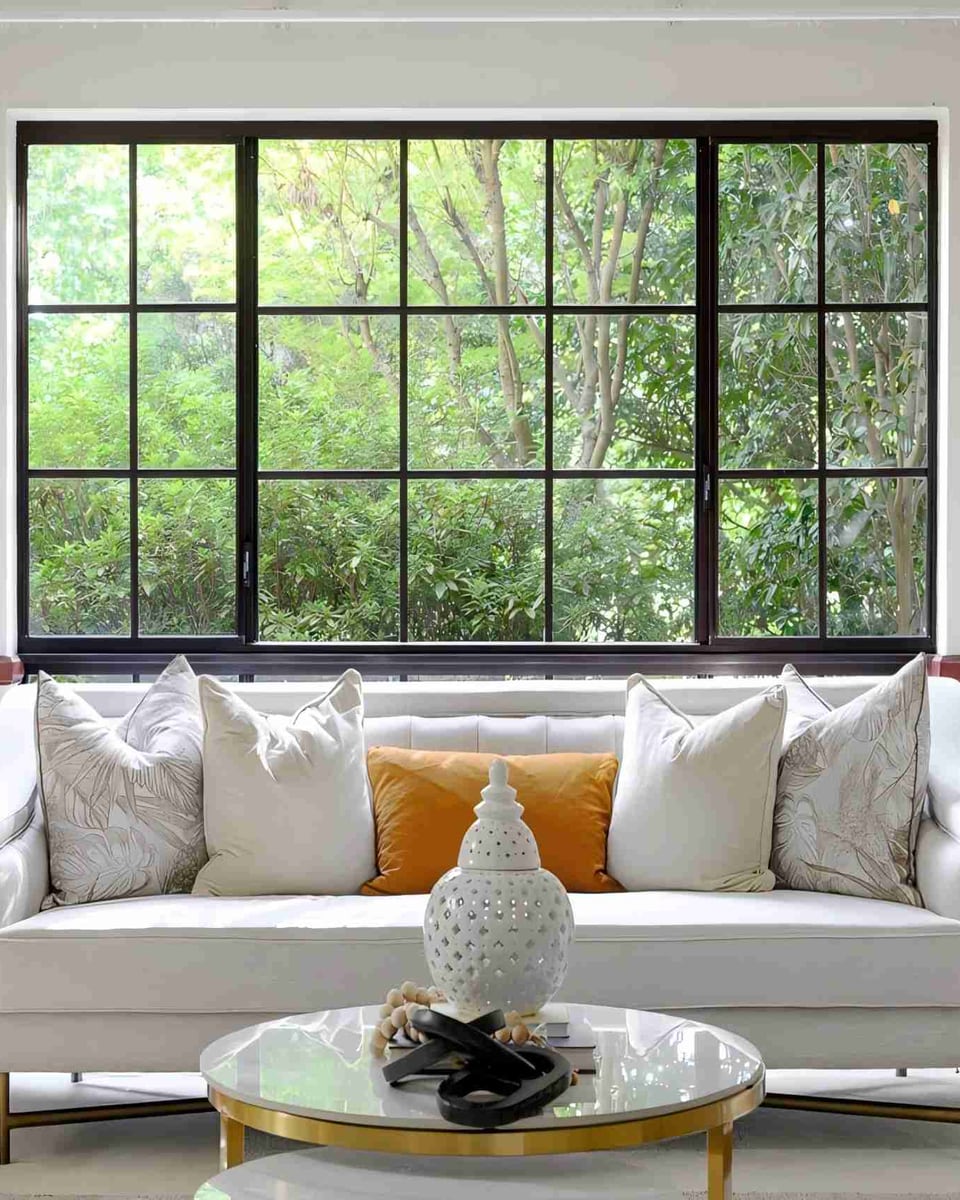 Wahroonga living room with a white sofa between black side tables, facing a garden window