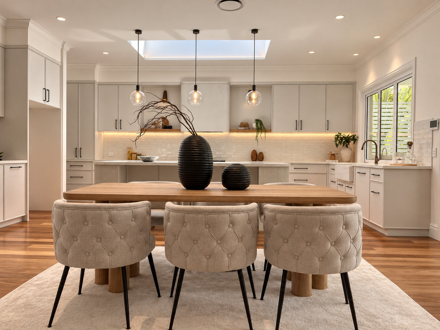 Open kitchen and dining area with a timber table, tufted cream dining chairs and a skylight