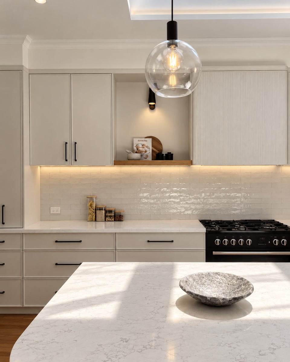 Kitchen with a marble island, pale cabinetry with black handles, a glass globe pendant and a range cooker