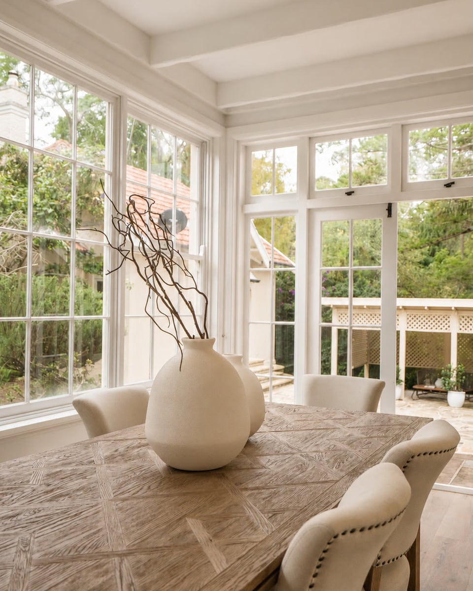 Dining table with cream studded chairs and a white vase beside a sunroom window
