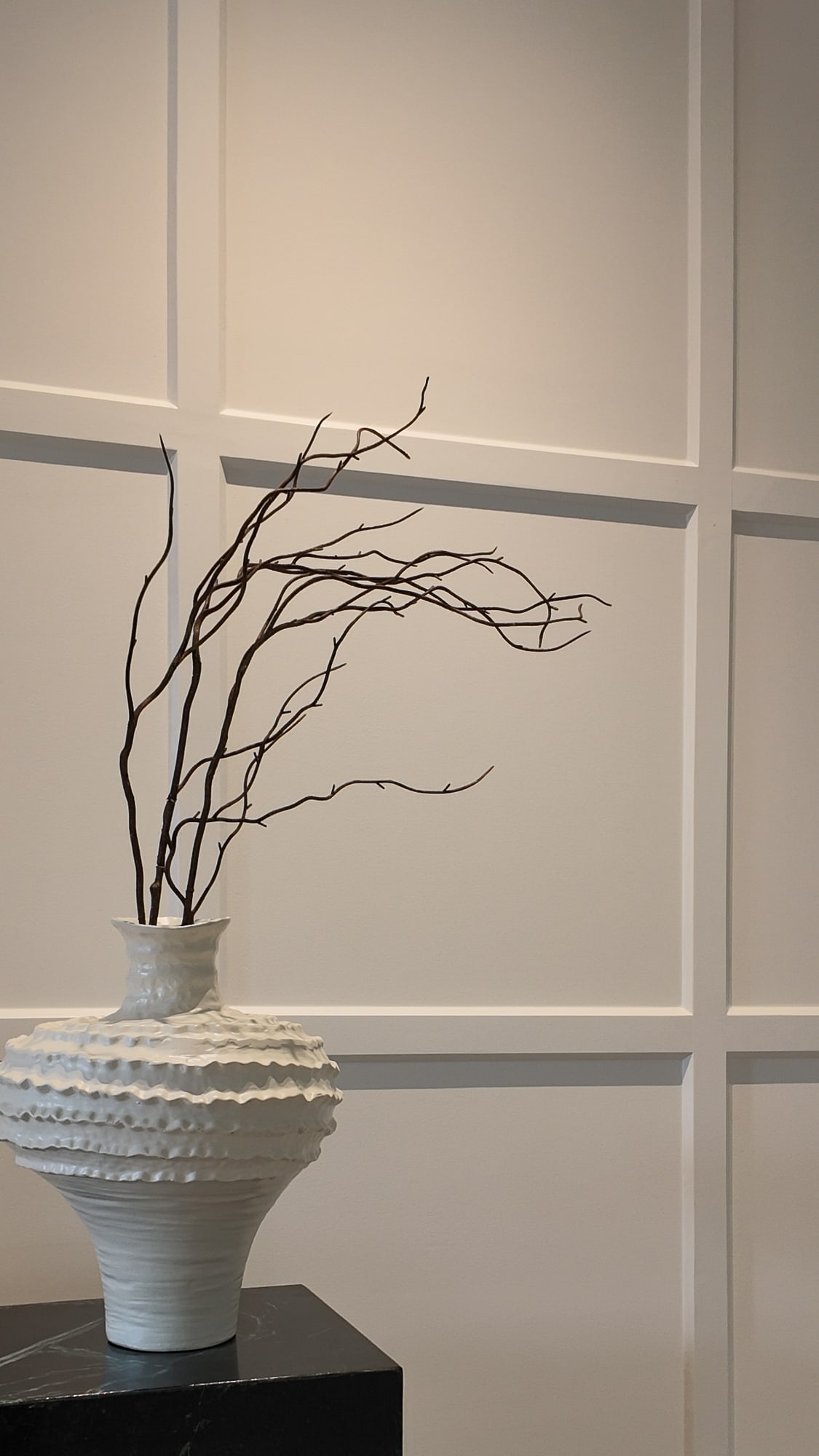 Textured white vase with dried branches on a black marble plinth