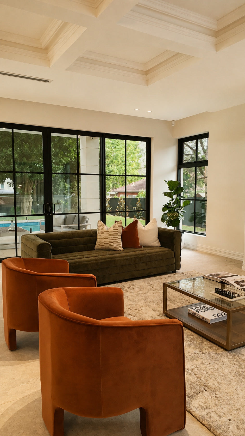 Living room with rust armchairs and a dark green sofa beside black-framed windows