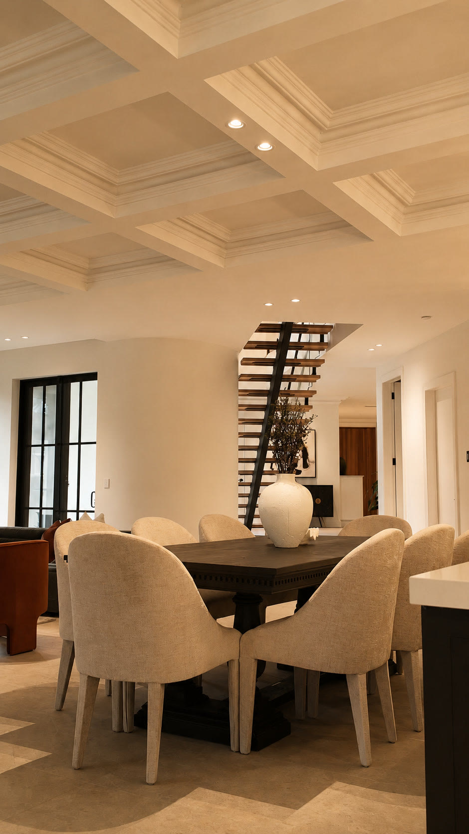 Dining table with cream chairs and a staircase beyond, under a coffered ceiling