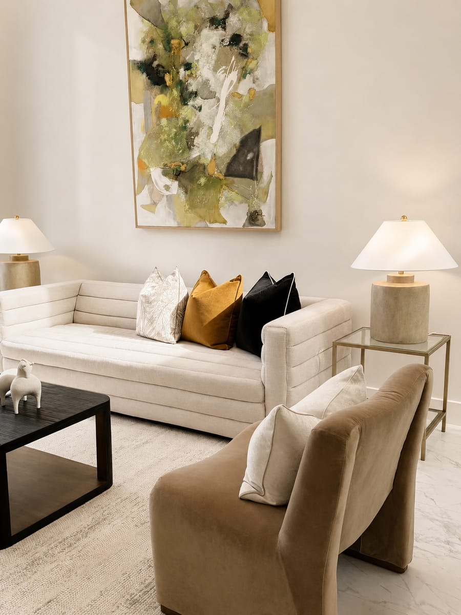 Cream sofa with mustard cushions beneath abstract artwork